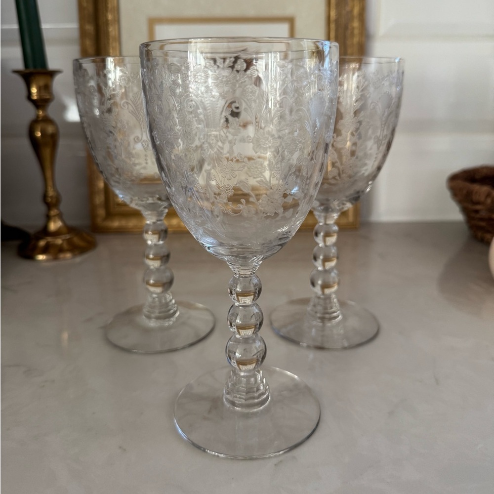 Duncan&Miller First Love Wine Goblet 6 3/4” Vintage Floral Etched Set of 3 - Picture 2 of 10